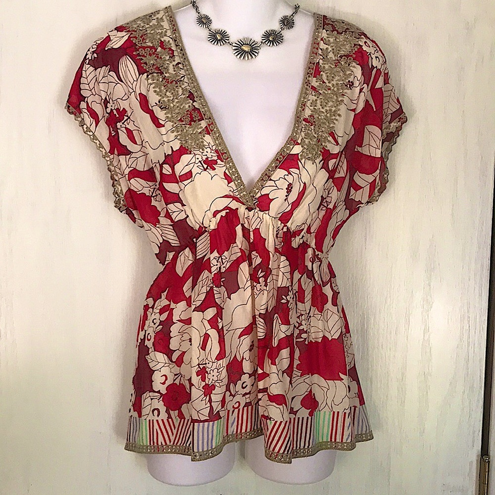 NWOT JOHNNY WAS EMBROIDERED LACE-EDGED COTTON TOP